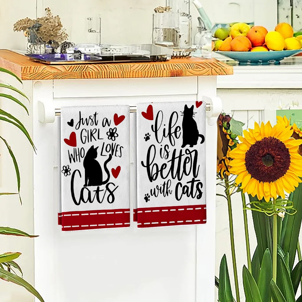 قطعتان، مناشف مطبخ على شكل قلب للقطط السوداء، مجموعة مناشف 40 سم * 60 سم، قماش تنظيف ناعم فائق الامتصاص، منشفة شاي للطبخ، منشفة شاي، منشفة يدوية، قماش تنظيف، ديكور غرفة المطبخ، أساسيات المطبخ، أساسيات المنزل #3