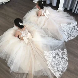 Lace Flower Girl Dresses for Wedding Blush Floral Tulle Long 2023 Kids Bridesmaid Ball Gowns Princess Even Wed Party