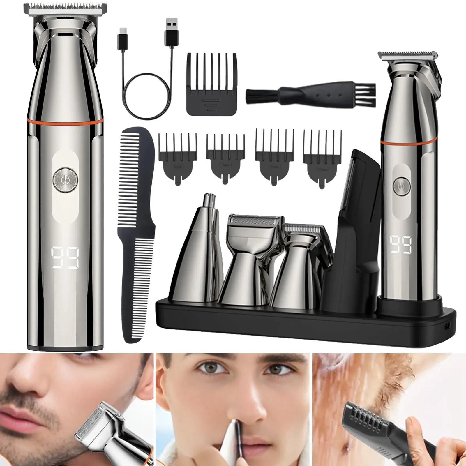 5-in-1 Edelstahl-Barttrimmer-Set für Männer, Vollständig Waschbarer Nasen- und Ohrhaartrimmer mit Austauschbaren Köpfen, Messing-Festklinge & Nickellegierung-Bewegliche Klinge, Scharfes Langlebiges
