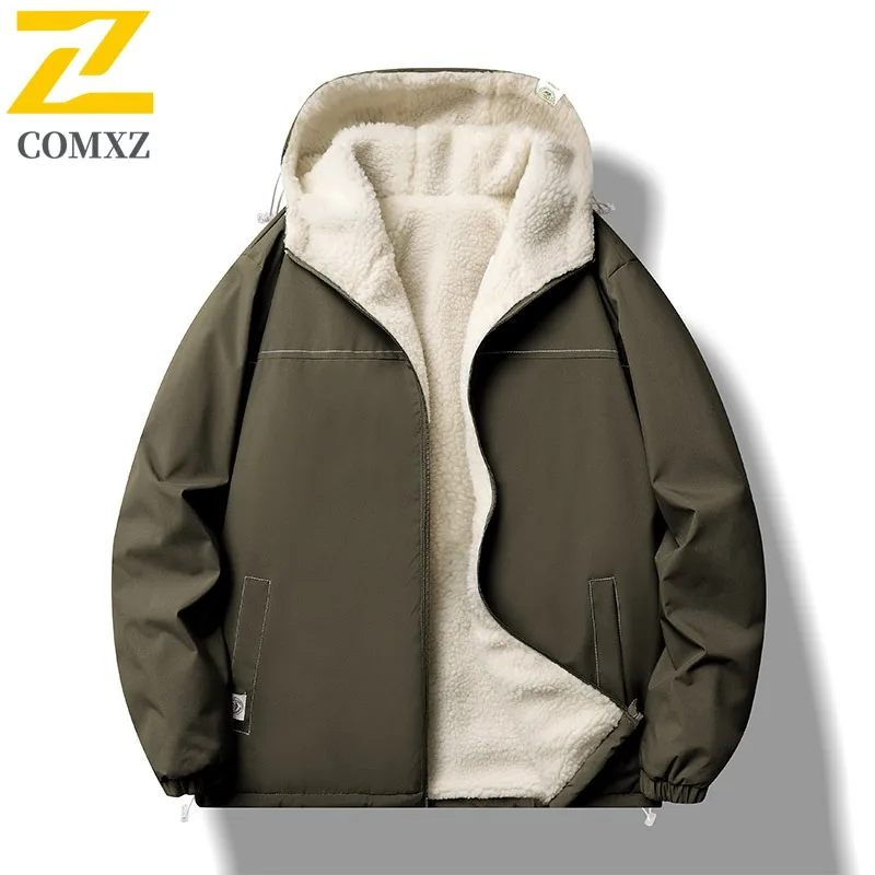 

COMXZ 2025 Mens Winter Sherpa Lined Thick Hooded Cotton Jacket Loose Fit Korean Style Waterproof Streetwear Coat windbreaker