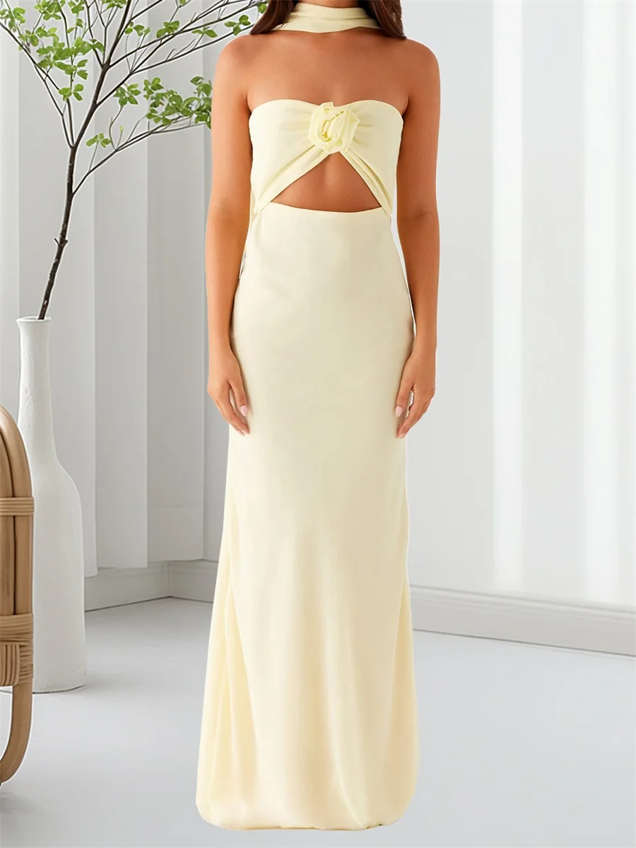 Abito a fascia da donna con stampa floreale con ritaglio sul davanti e sciarpa abbinata - Abito maxi estivo senza maniche con spalle scoperte