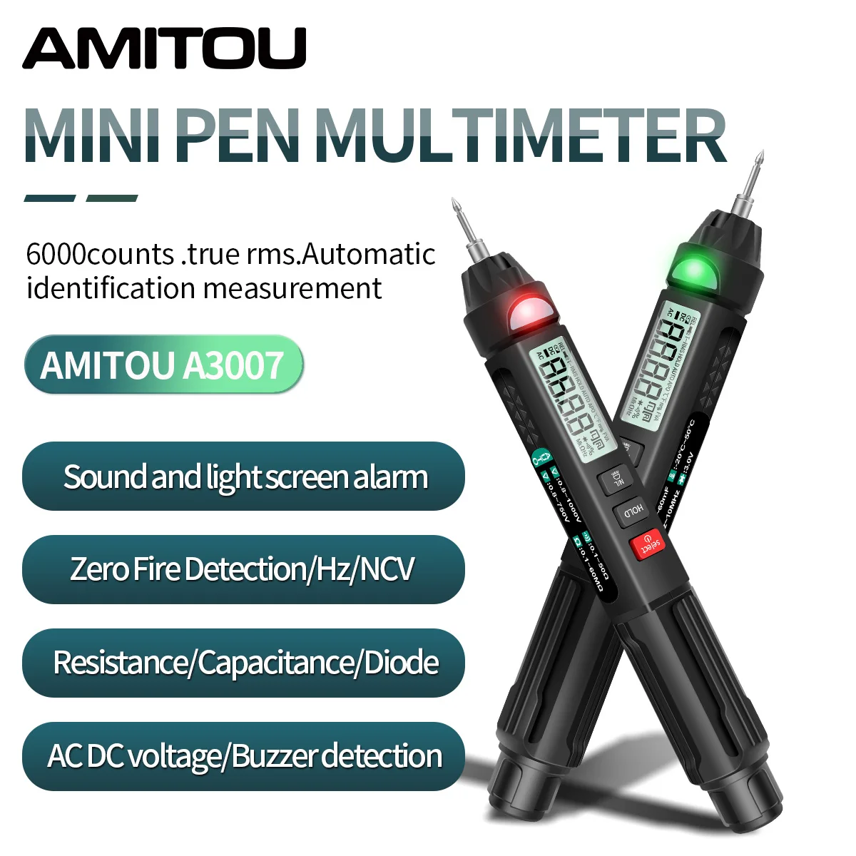 AMITOU A3007 قلم متعدد 6000 التهم المهنية الرقمية NCV التيار المتناوب/تيار مستمر الجهد أوم ديود تستر الذكية القلم نوع كاشف جهد
