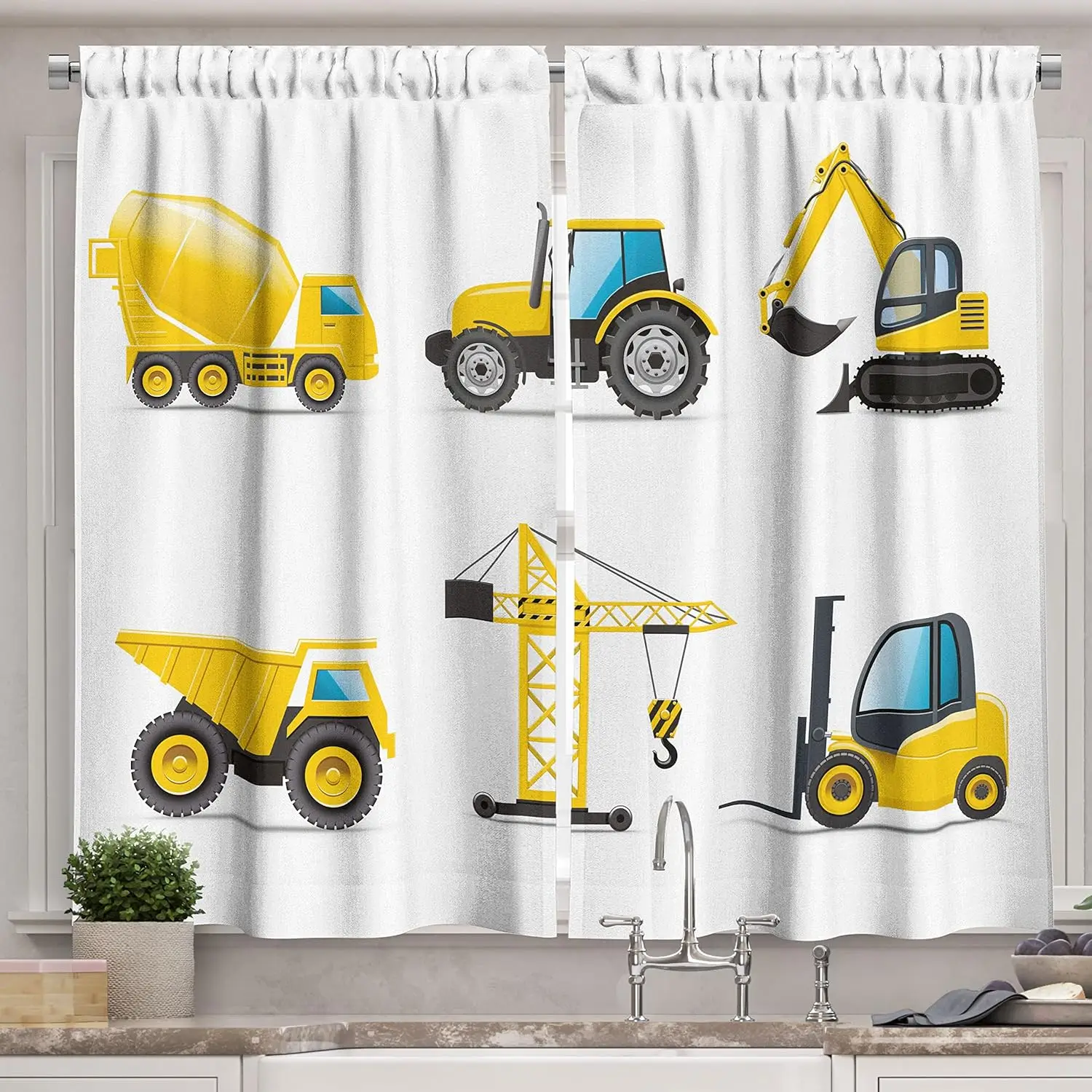 Cortinas de cocina Lunarable para guardería, maquinaria pesada estilo dibujos animados, camión, grúa, excavadora, mezclador, construcción de tractores, cortinas de ventana 2