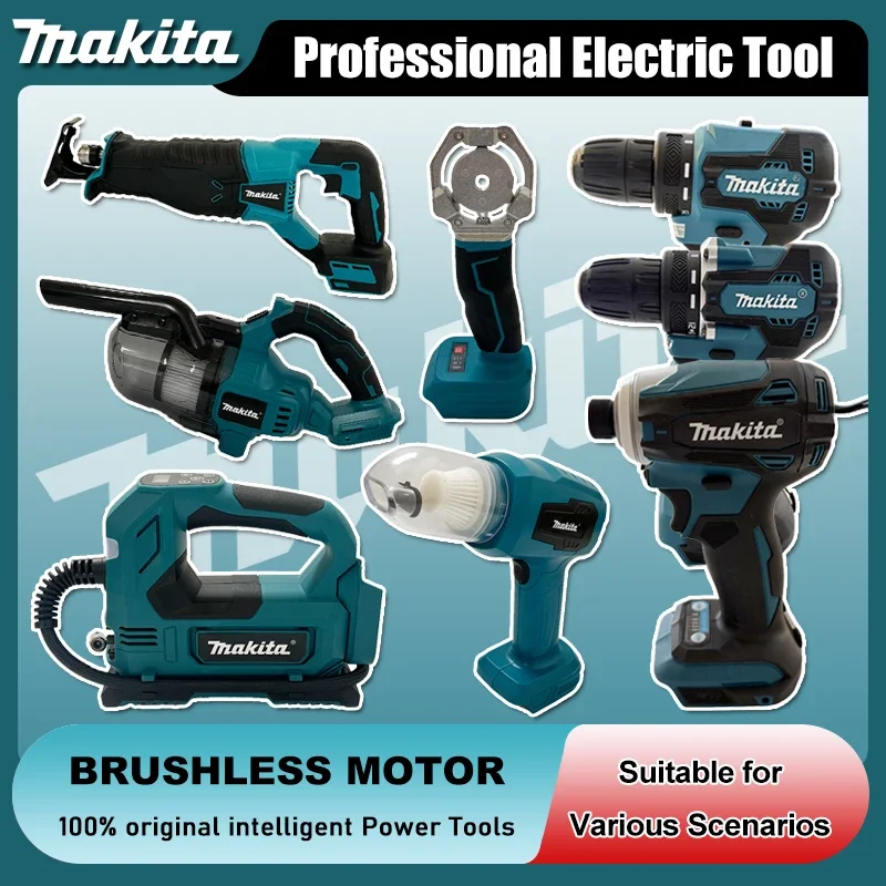 

Многофункциональные электроинструменты Makita: автомобильный насос с литиевой батареей двойного назначения, бесщеточная дрель, электрическая сабельная пила, кусторез.