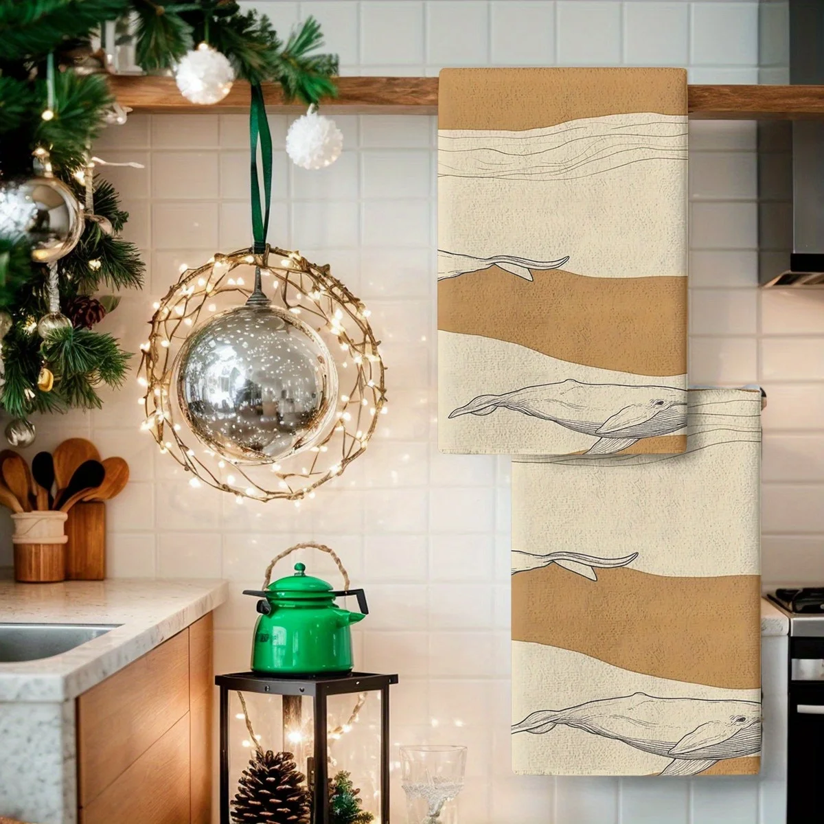 2PCS Soft Absorbent Kitchen Towels Dish Towel Whale Line Art Bohemian Style Print Dish Cloths Holiday Decor Dry Cloth For Towel