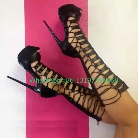 Lady sexy peep toe cut-out platform sandals stiletto heel dress zip daily footwear size 35-46  punk party black PU runway pumps