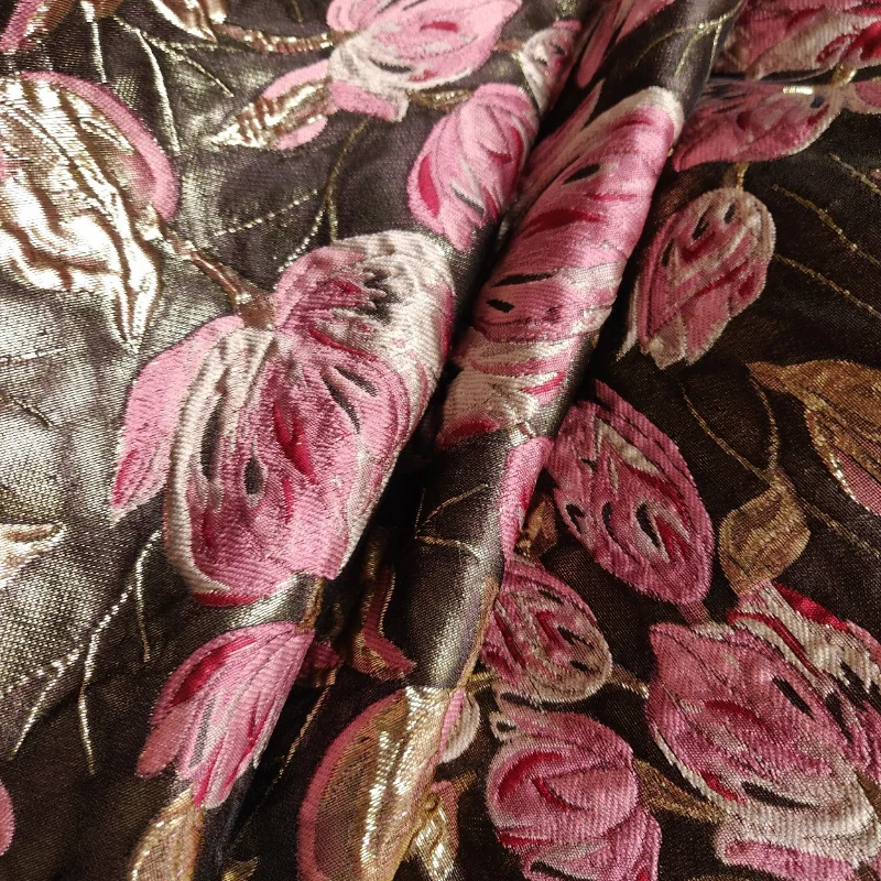 High Quality Gold Pink Flower Jacquard Fabric for Dress Making Wedding Decoration 145 cm Wide - Sold By The Meter