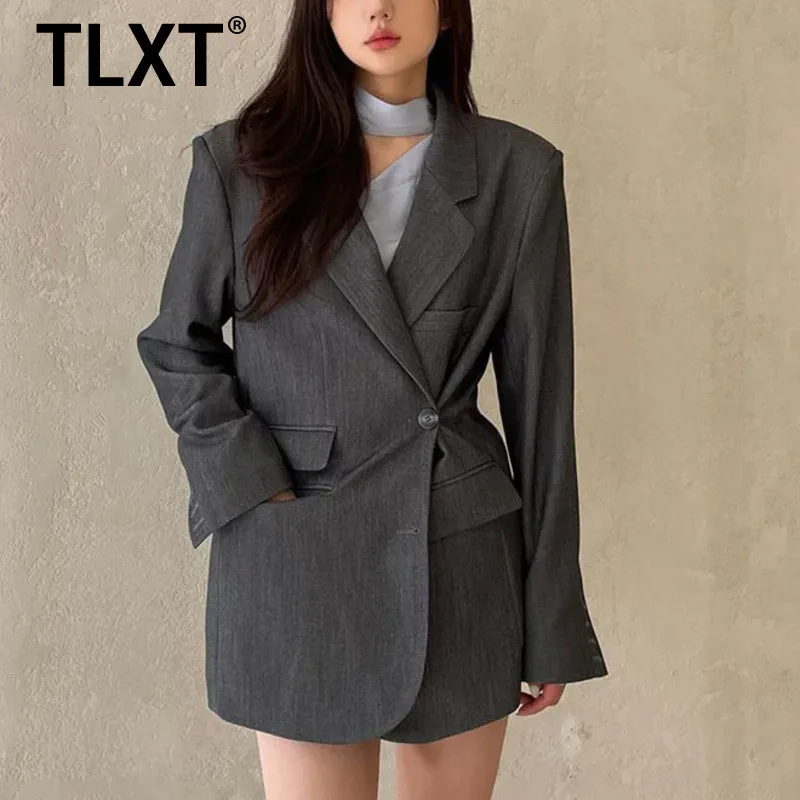 

TLXT модный женский серый пиджак с несколькими карманами, свободный регулируемый однобортный пиджак с лацканами, осень 2022, новинка XK1540