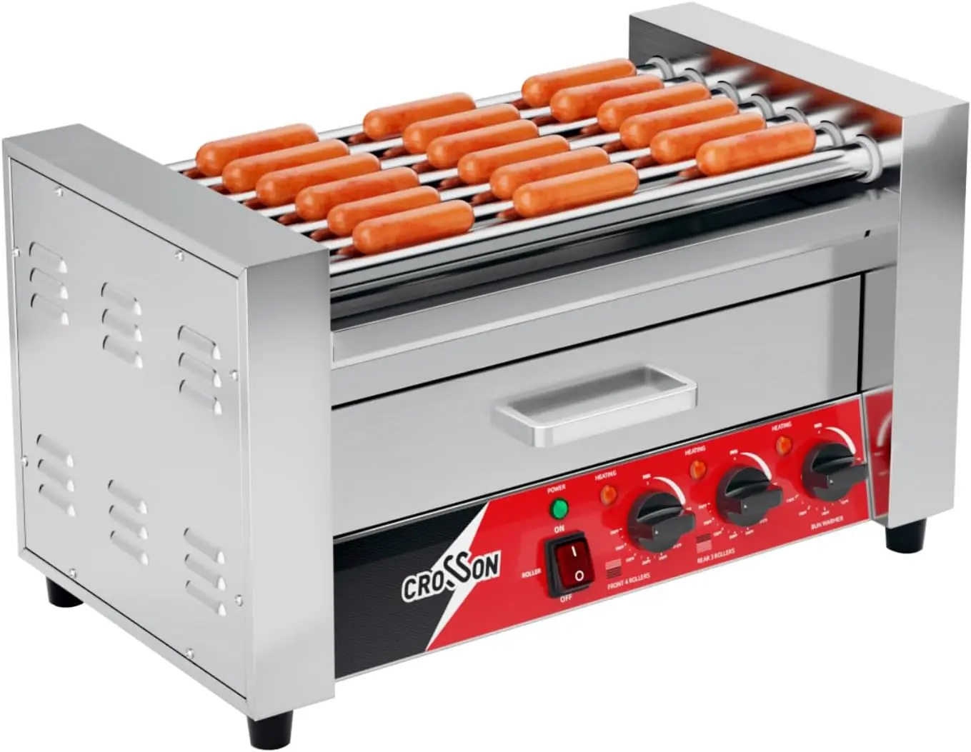 

Hot Dog 7 Roller With Bun Warmer,Commercial 7 Nonstick 304 Roller Grill Cooker Machine-120V, 1350W