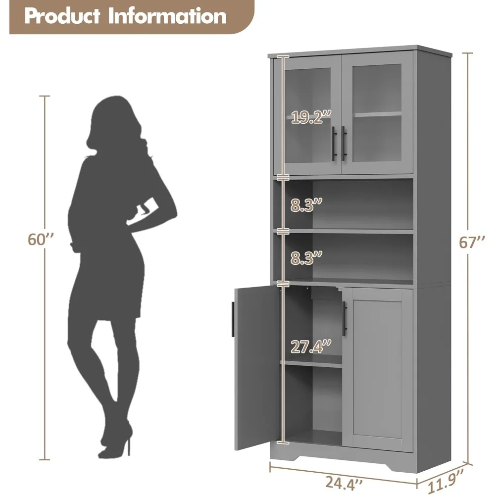 خزانة حمام طويلة قائمة بذاتها مع أبواب زجاجية وأرفف قابلة للتعديل، نموذج خزانة تخزين 67 #3