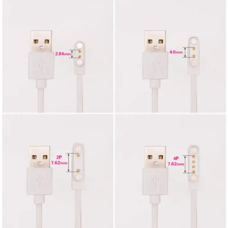 Cable cargador Universal para reloj inteligente, Cable de carga magnético, cargador USB de 2 pines y 4 pines para reloj inteligente de 7,62mm, 2,84mm y 4mm