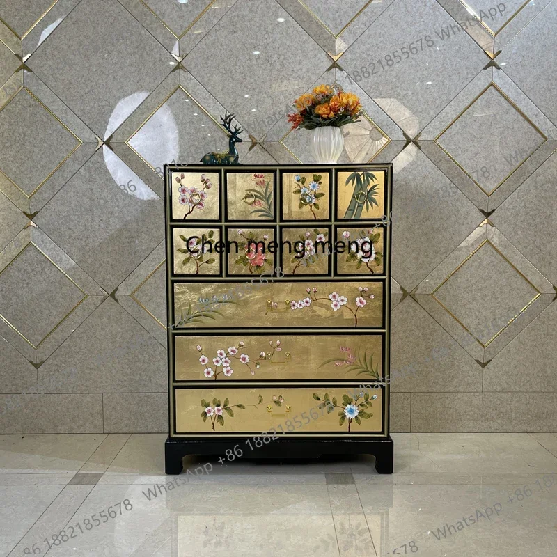

Z136Chinese painted gold and silver foil bucket cabinet solid wood porch partition cabinet bedroom storage locker