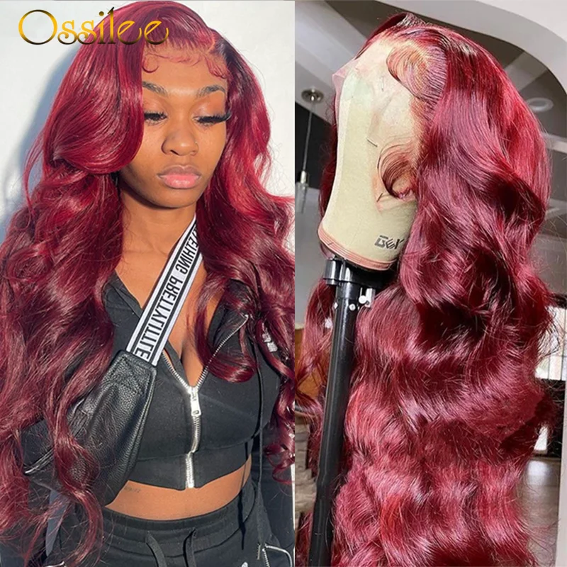 99J Wig Rambut Manusia Renda Depan Gelombang Tubuh Burgundy 13X4 Wig Renda Depan Wig Renda Transparan Sorot untuk Rambut Manusia Wanita