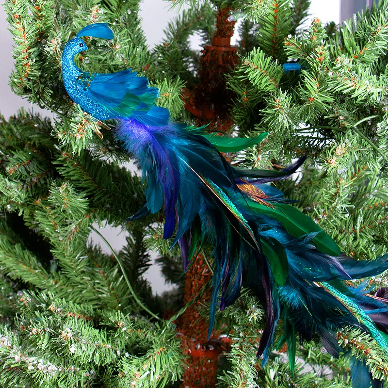 Christmas tree pendant simulation long tail blue peacock natural feather handicraft