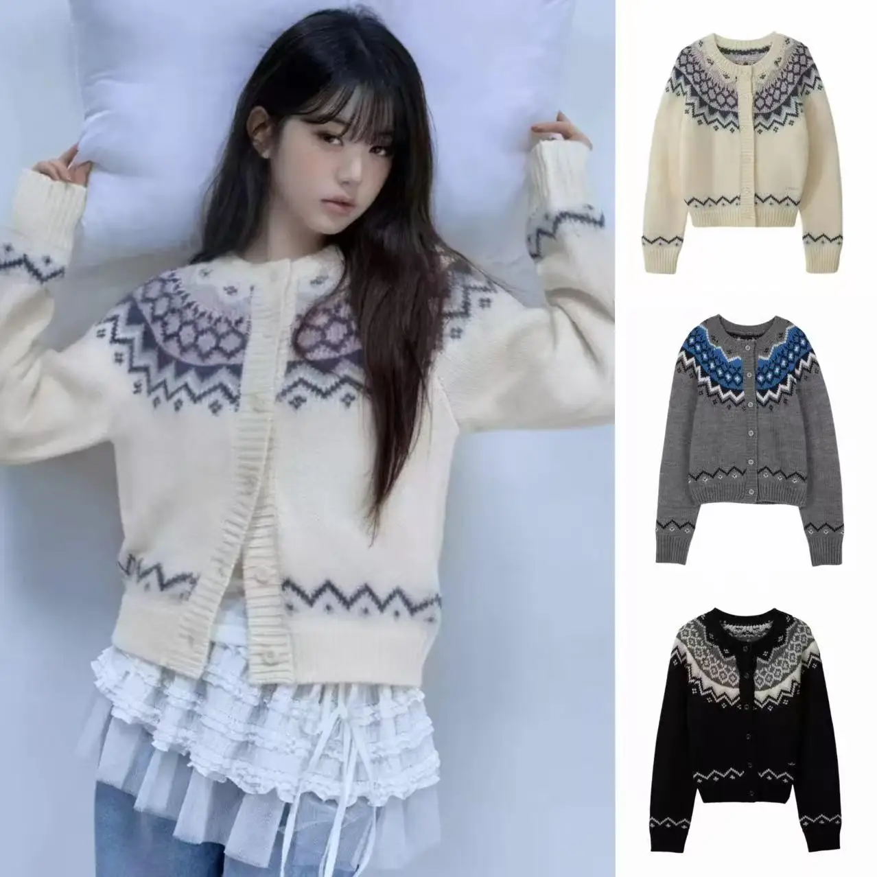 

Чжан ng Ретро круглый Ne Nordic Sle Fair Isle вязаный повседневный открытый кардиган зимний теплый длинный свек геометрический узор