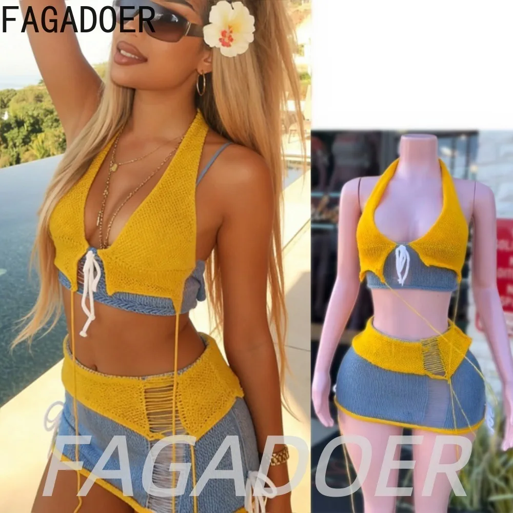

FAGADOER Sexy Yellow Knit Skirt Two Piece Sets Hot Girl Patchwork V Neck Bandage Halter Top and Bodycon Skirt Outfits Beachwear