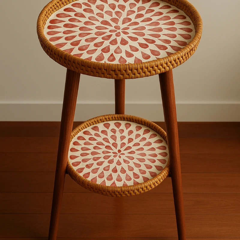 

Noedic Rattan Side Table Southeast Asian Round Accent Desk Handmade Mosaic Coffee Tables for Balcony/Living Room Storage Shelf