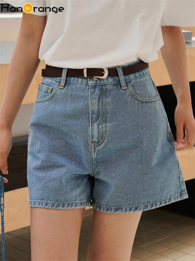 

HanOrange 2026 Summer Retro Casual High Waist Wide Leg Cotton Denim Shorts Women Loose Lightweight Hot Pants Female