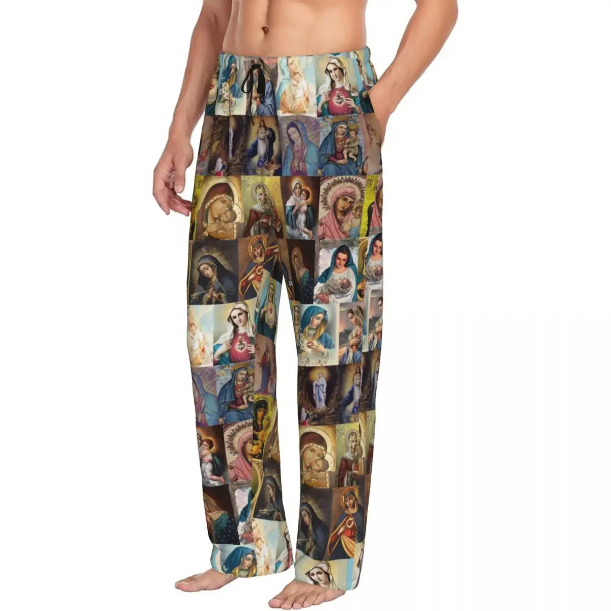 Custom Printed Men Virgin Mary Pajama Pants Catholic Christian Sleepwear Sleep Lounge Bottoms with Pockets