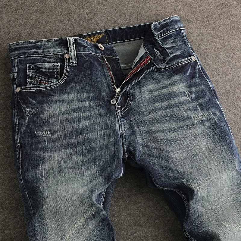 Fashion Vintage Men Jeans High Quality Retro Washed Blue Stretch Slim Fit Ripped Jeans Men Trendy Designer Denim Pants Hombre