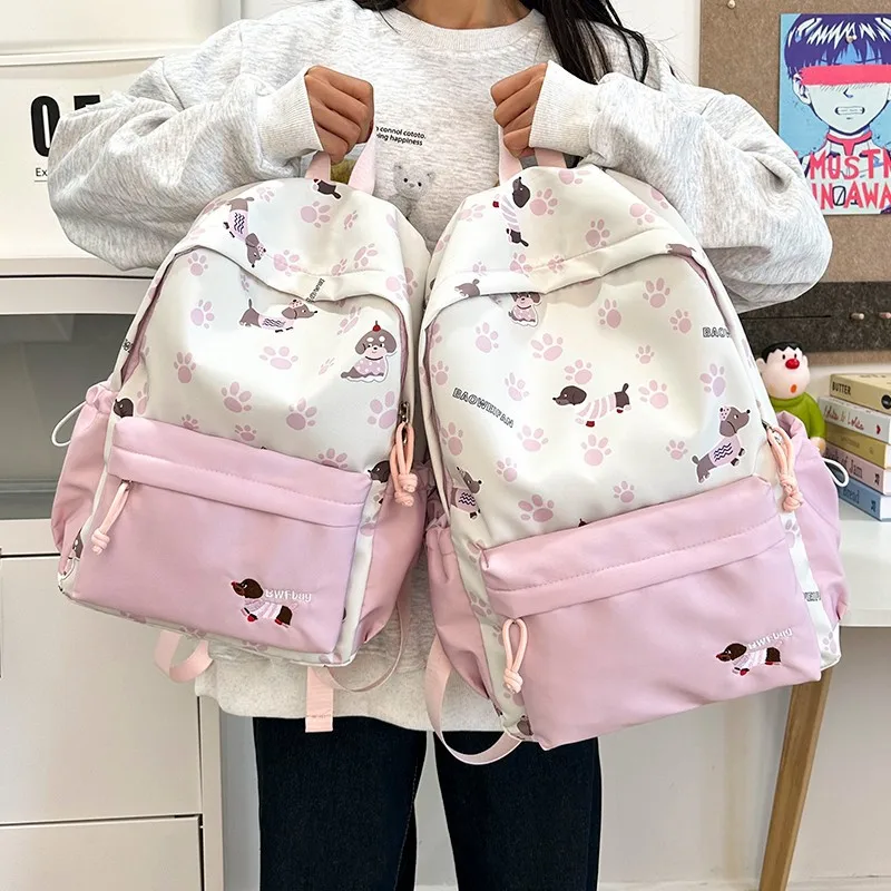 

New Womens Cute Dachshund & Paw Print Backpack Large Capacity Casual School Bag Lightweight Travel Backpack for Girls Students