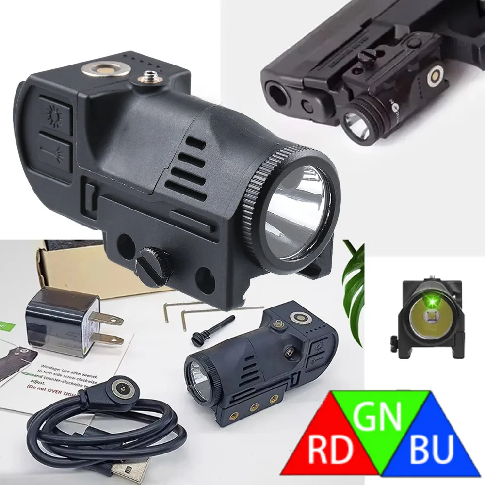 Wiederaufladbare LED Taktische Taschenlampe Rot/Grün/Blau Laser Kompakt Passend für 20mm Schiene für G17 19 Stroboskop-Licht Lampe 500 Lumen – Detail 1