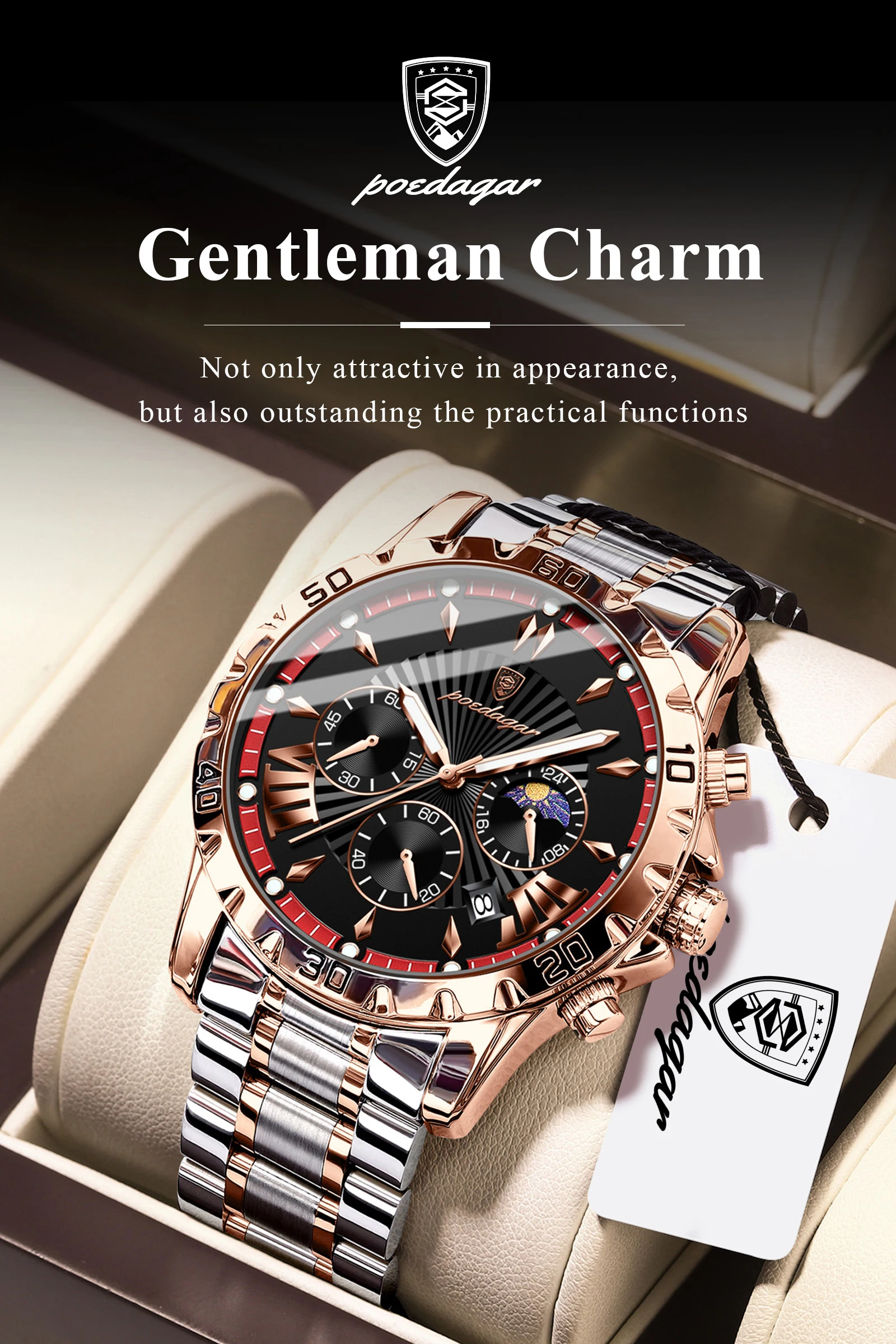 POEDAGAR Top-Luxus-Herrenuhr, Leuchtend, Wasserdicht, Edelstahl, Quarz, Chronograph, Datum, Militäruhr für Herren – Detail 6
