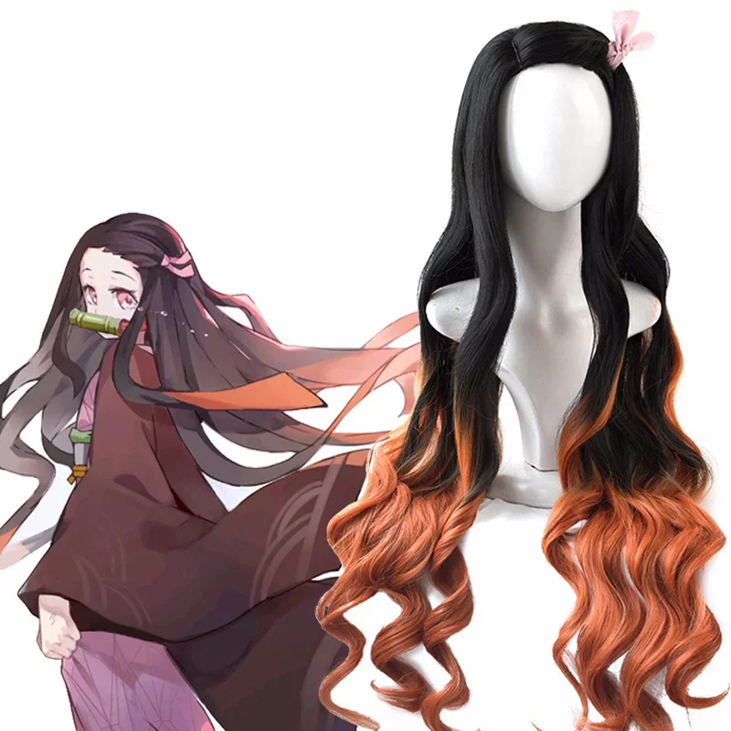 Anime Nezuko Kamado Nezuko Cosplay Wig Dyeing Layered Gradient Ombre Long Heat Resistant Synthetic Hair Wigs Wig Cap