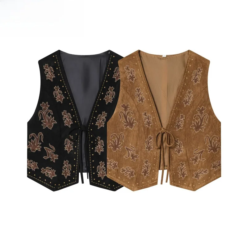 

Autumn New Women's Embroidered Velvet Vest Bead Effect Faionable Versatile V-Ne Polyester Fiber 00% Regular Thin