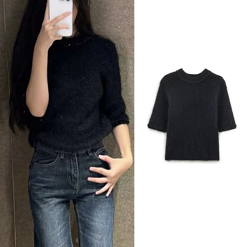 Tidalyf Camicetta pullover lavorata a maglia da donna Moda retrò sottile con perline Elegante maglione da donna Pullover Chic maglione lavorato a maglia giovane