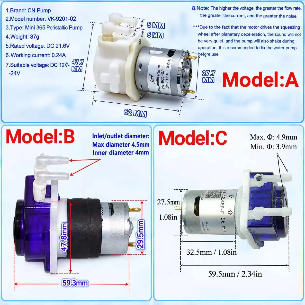 Peristaltic Pump DC 12V-24V Dosing Self-Priming Reversible Micro Liquid Water for Lab Analytic