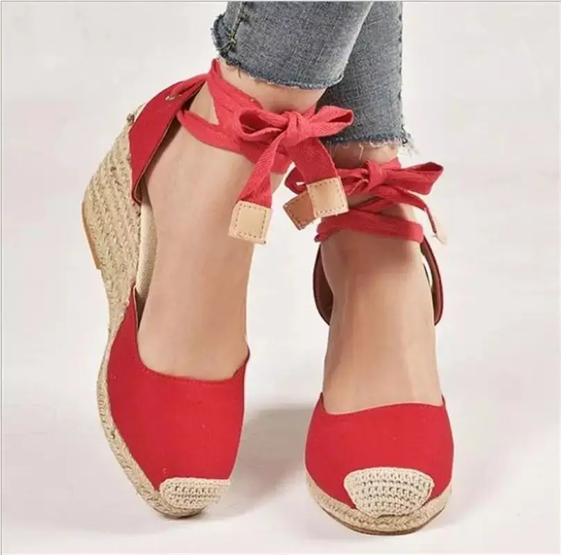 Female Sandal Mid-Calf Strap Strappy Heels Straw Shoes Women 2024 Summer Large Size Clogs Wedge Girls  Handmade Closed Thick Low