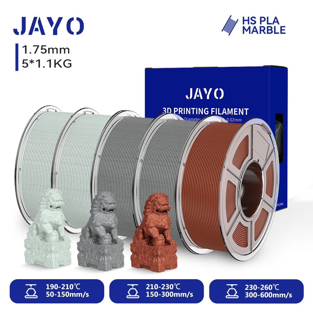 JYAO 5Rolls High Speed Marble PLA Filament 600mm/s High Speed PLA 3D Printer Filament  Natural Marble-Like Texture for 3D Print