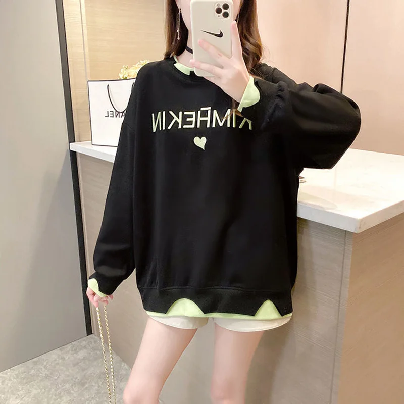 Fashion Embroidery Letter Fake two pieces T-Shirt Female Clothing 2023 Autumn New Oversized Casual Pullovers Loose Korean Tee Sh