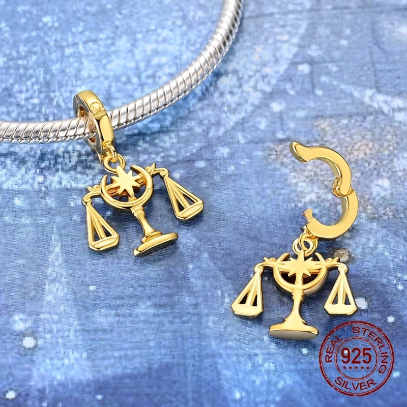 Libra Zodiac Scales Dangle Charm 925 Sterling Silver 12 Constellation Astrology Jewelry Fits Bracelets Birthday Gift for Women