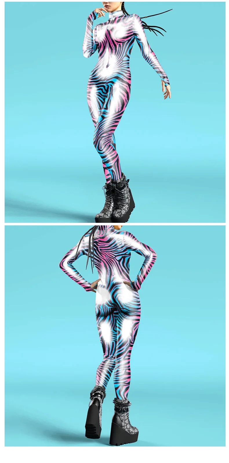 Futuristische Technologie Punk-Roboter Damen-Jumpsuits Kleidung Bunter Texturdruck Zentai-Bodysuit Cosplay-Kostüm Halloween-Outfit – Detail 11