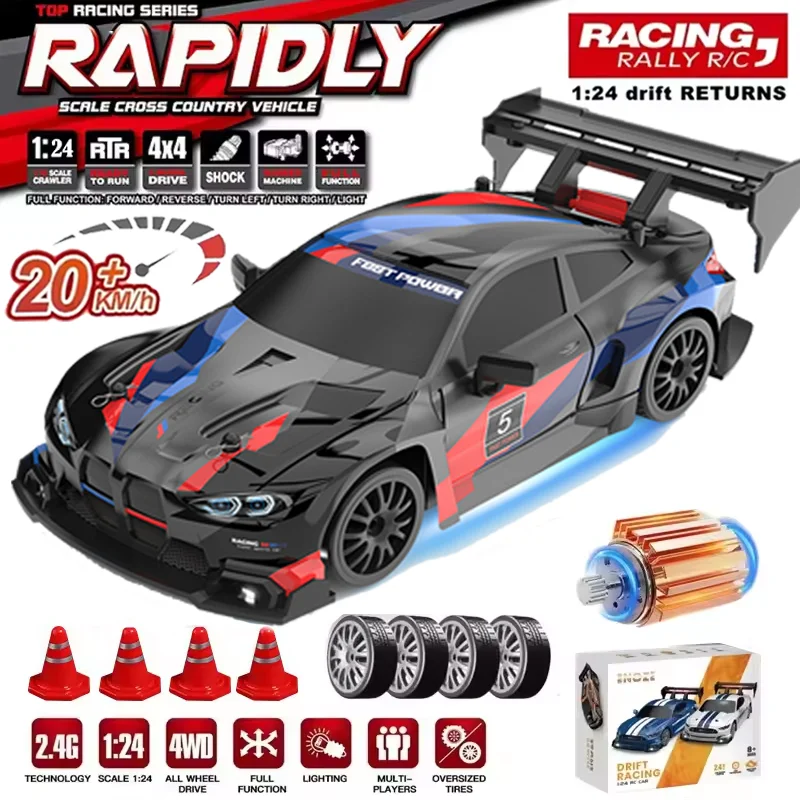 4WD Remote Control Drift Car Full Size 1:24 Mini RC Racing Car Model 2.4Ghz 20KM/H High Speed ​​RC Car with Extra Tires Toy Gift