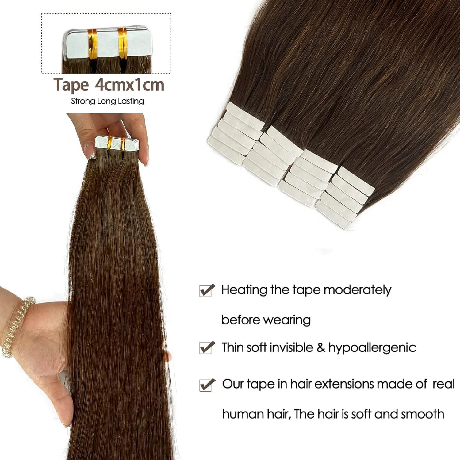 Straight Invisible Tape In Human Hair Extensions 100% Human Hair Adhesive Glue Remy Hair #2 #4 Medium Brown PU Seamless Tape In