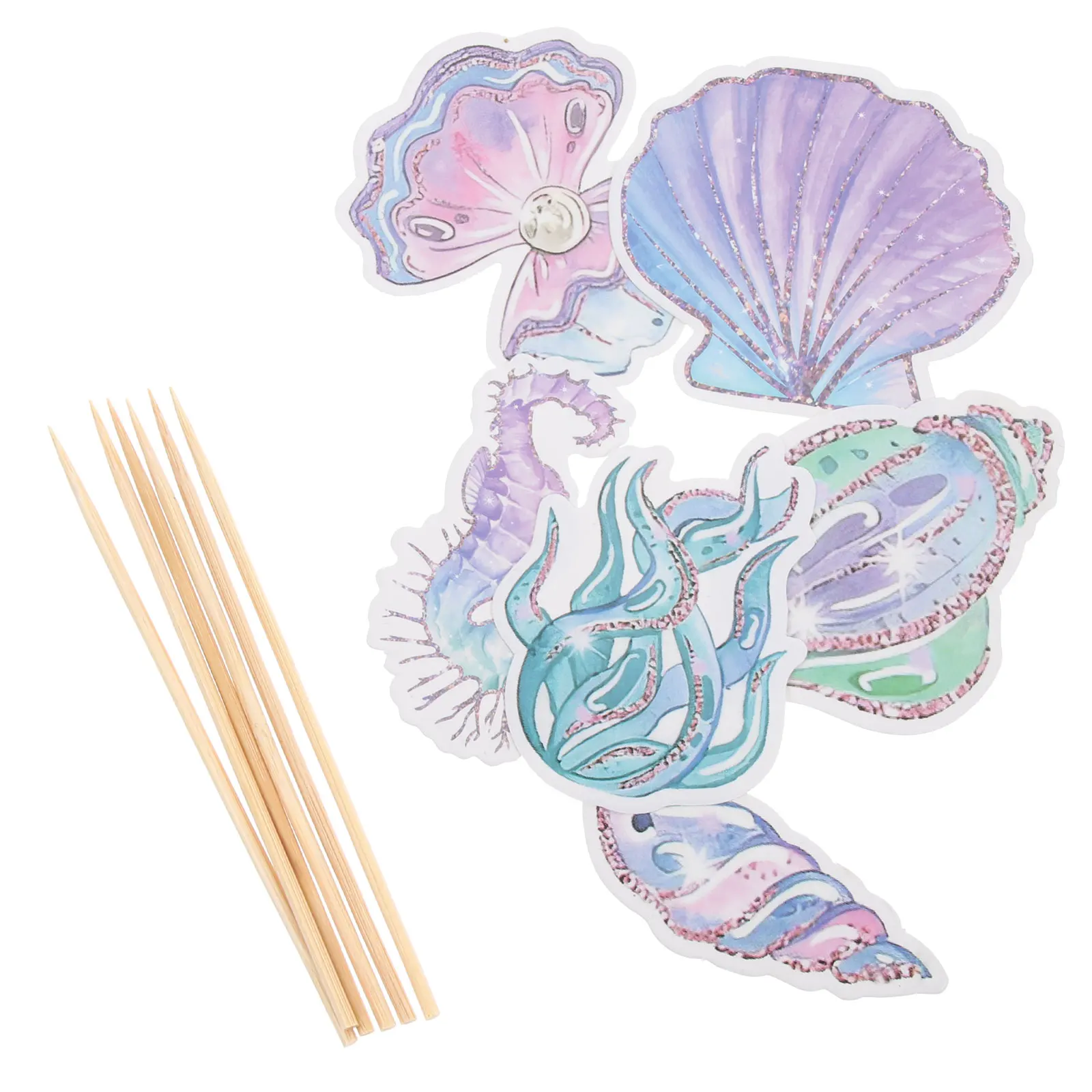 

12Pcs Glitter Mermaid Cake Insert ornament Seahorse Star fish Cake Topper Cupcake Dessert Topper Baby Shower Birthday