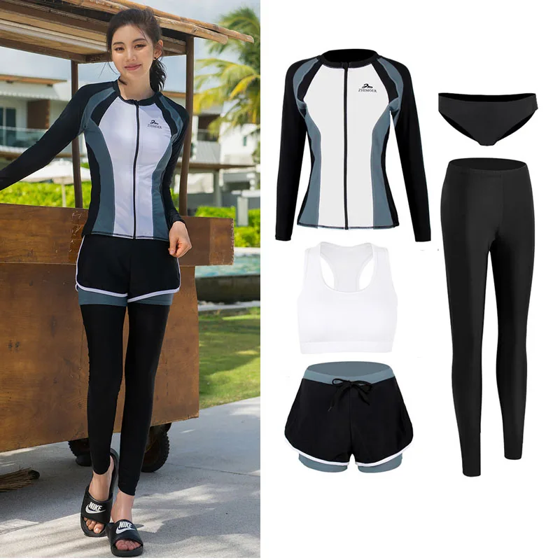 

Women's 5pcs/set Rash Guard Zipper Up Sun Protection Long Sleeve Full Body Swimsuit Tops & Bottoms Wetsuit Rash Guards Sunsuit