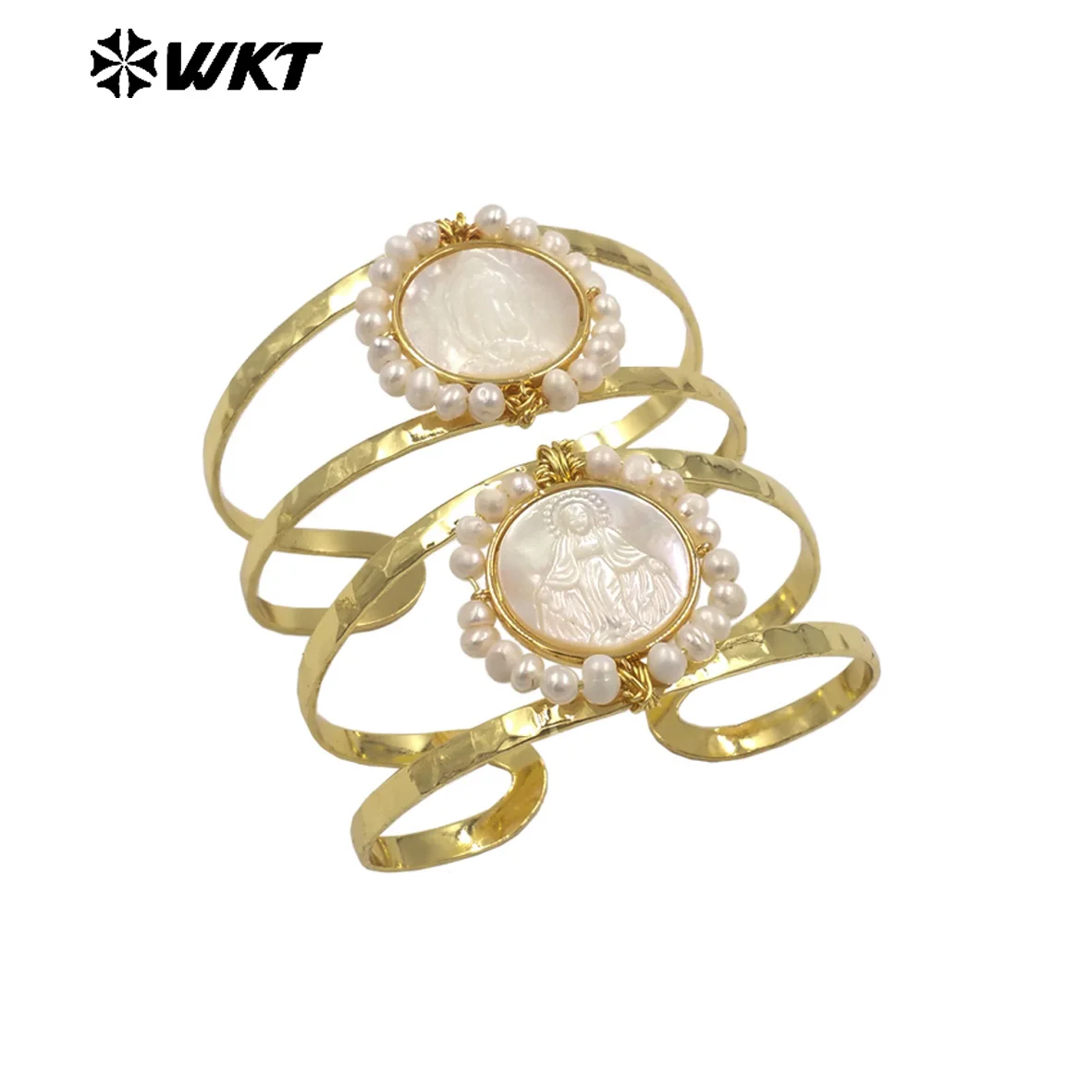 

WT-MPB132 White Shell Religious Lover With Pearl Beads Paved And Yellow Brass Hollow Design Classic Cuff Bangle