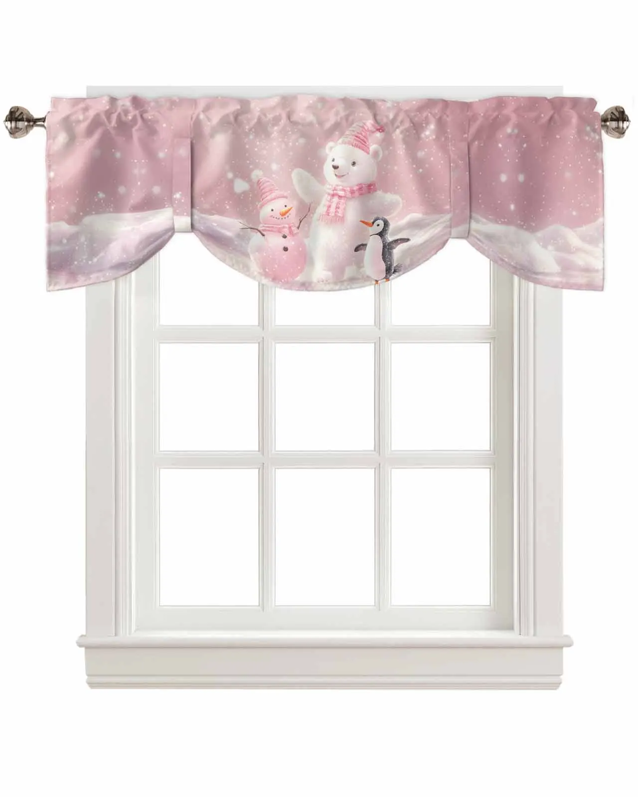 Christmas White Bear And Penguin Snowman Window Curtain Living Room Kitchen Cabinet Tie-up Valance Curtain Rod Pocket Valance