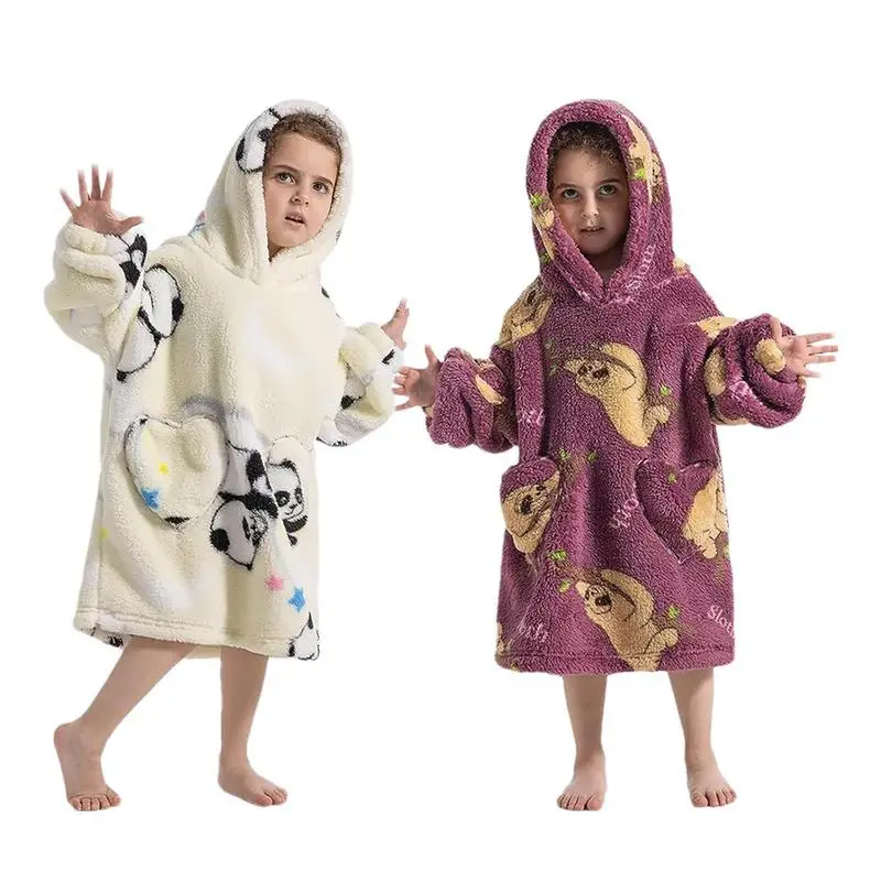 Kids Comfy Hoodie Blanket Winter Super Long Warm Fleece Blanket With Pocket TV Blanket Wearable Hooded Blanket Home Accessories