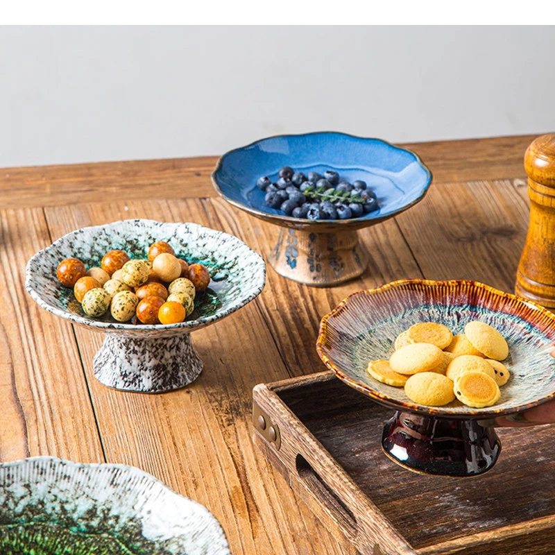 

Chinese Style High Legged Dim Sum Plate Vintage Ceramic Fruit Household Living Room Candy Snack Kitchen Tableware