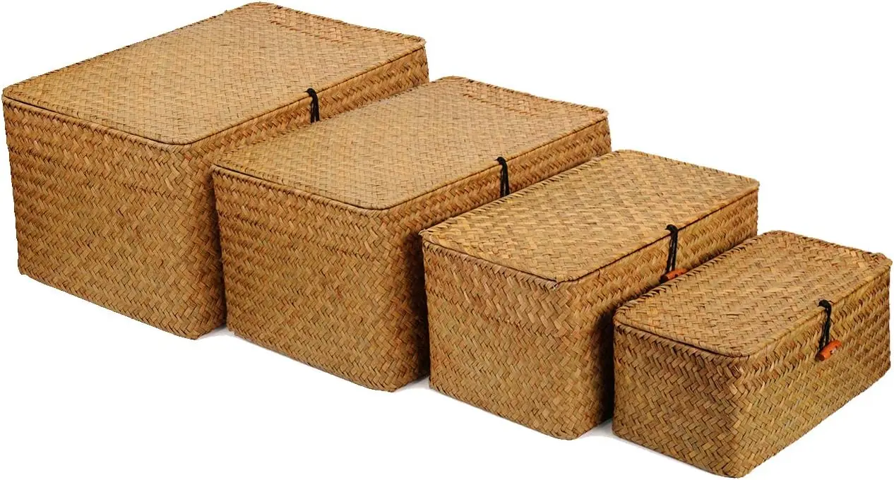 4 Pack, Wicker Baskets with Lids, Nautral Seagrass Storage Baskets, Woven Rectangular Basket Bins, Rattan Storage Organizer f