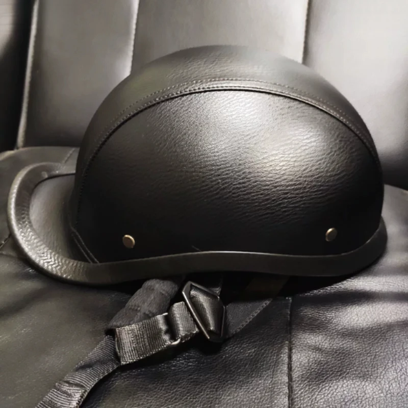 Vintage Curved Visor Faux Leather Half Shell Helmet Hard High Quality Black Sweat Breathable Interior Ducktail Half Helmet