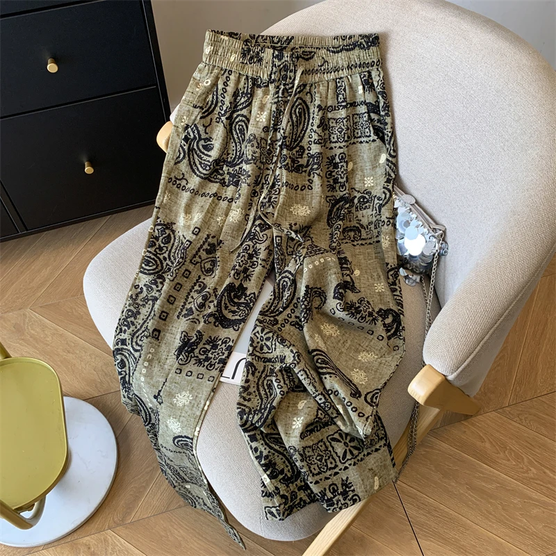 

Женские летние свободные широкие брюки с высокой талией, женские свободные брюки с эластичной резинкой на талии и прямым принтом, длинные брюки