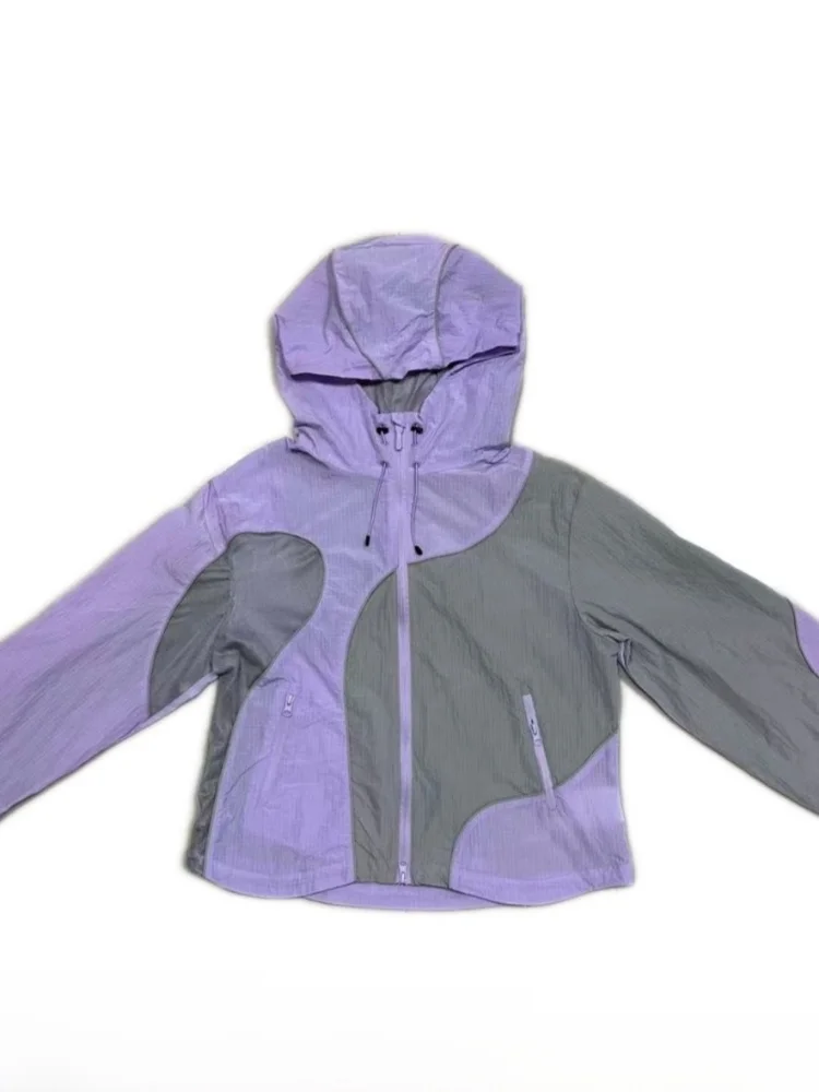 

round Hem Splice Color Block Mesh 3D Tailoring Summer Unisex Hooded Sun Protection Jacket Outerwear Standard Fit Fas...