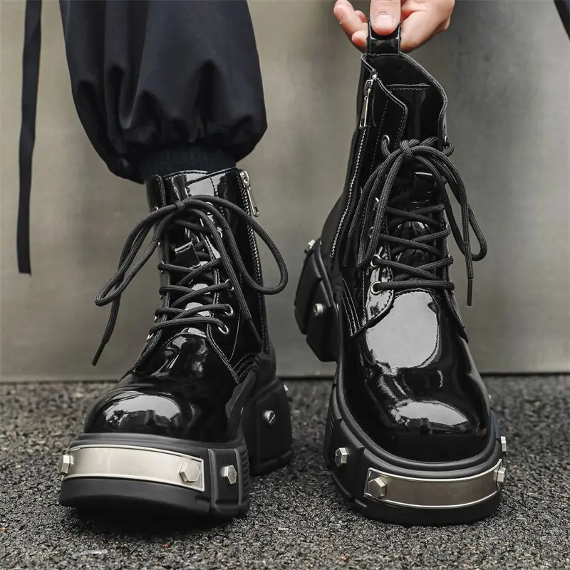 

Men's High Top Boots Punk Style Metal Rivet Patent Leather Platform Boots Designer Shoes Mens Motorcycle Boots Botas Para Hombre