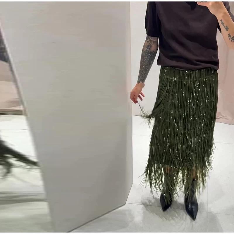 Women's Olive Green Sequin Fringe Midi Skirt Sparkly Tassel Party Skirt for Evening Clubwear 2025 Festival New Sexy Lady Skirts
